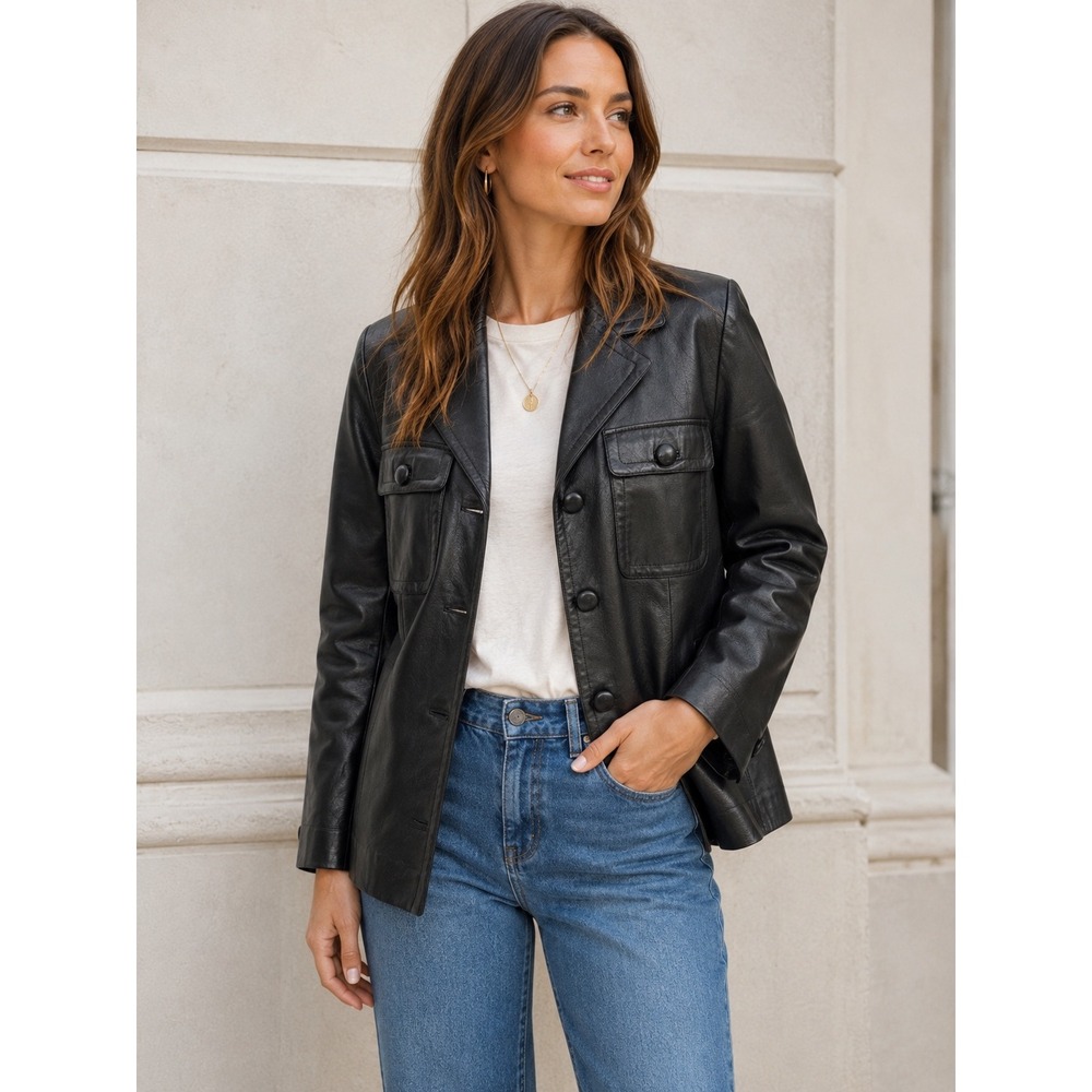 Doncaster Black Genuine Leather Jacket Women's  10 Button Front Career Classic